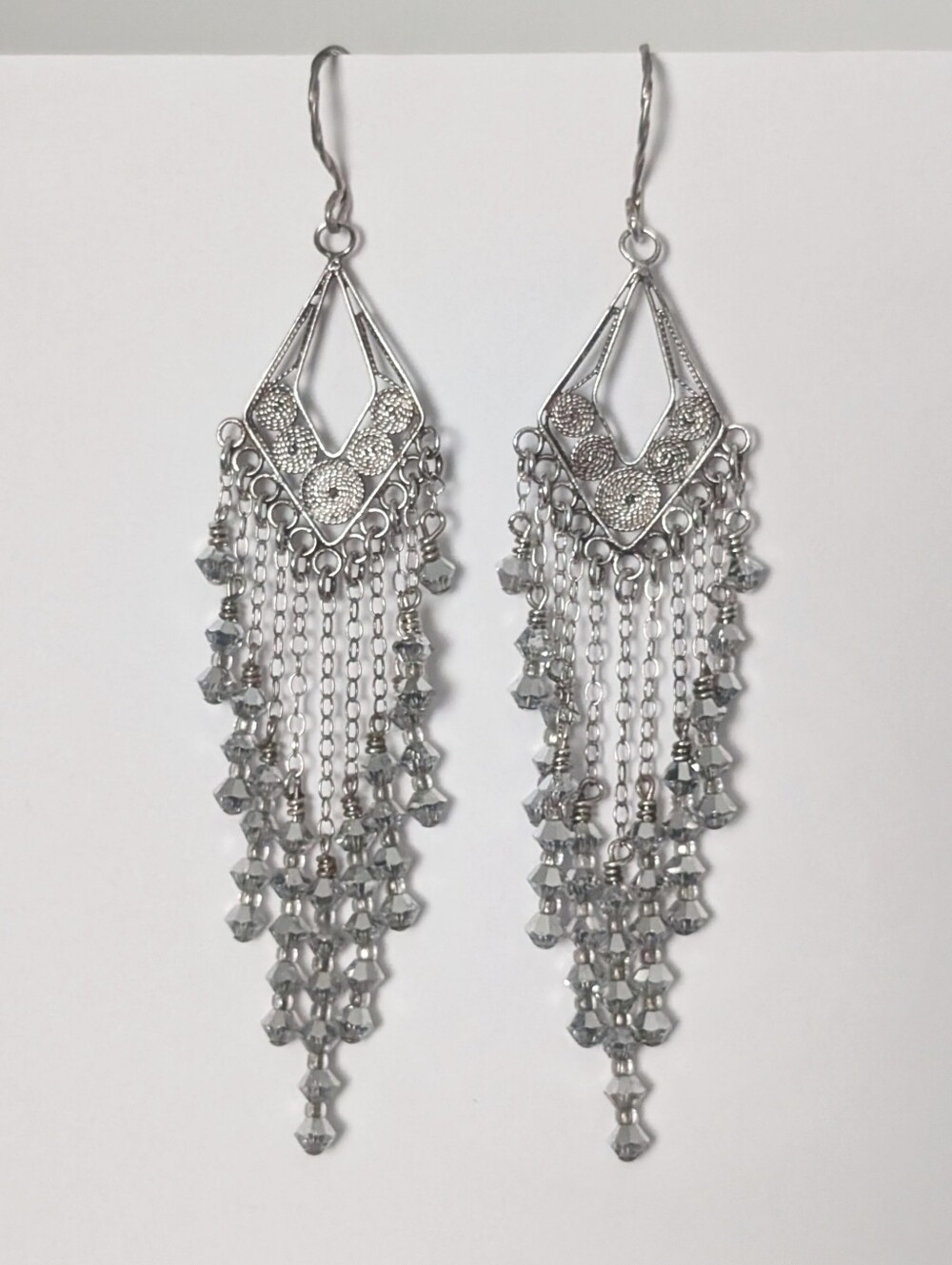 Handmade Diamond-Shaped Sterling Silver Filigree Crystal Chandelier Earring